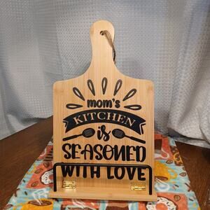Mom's Kitchen is Seasoned with Love Wood Handled‎ Cookbook Stand Holder Gift 15"